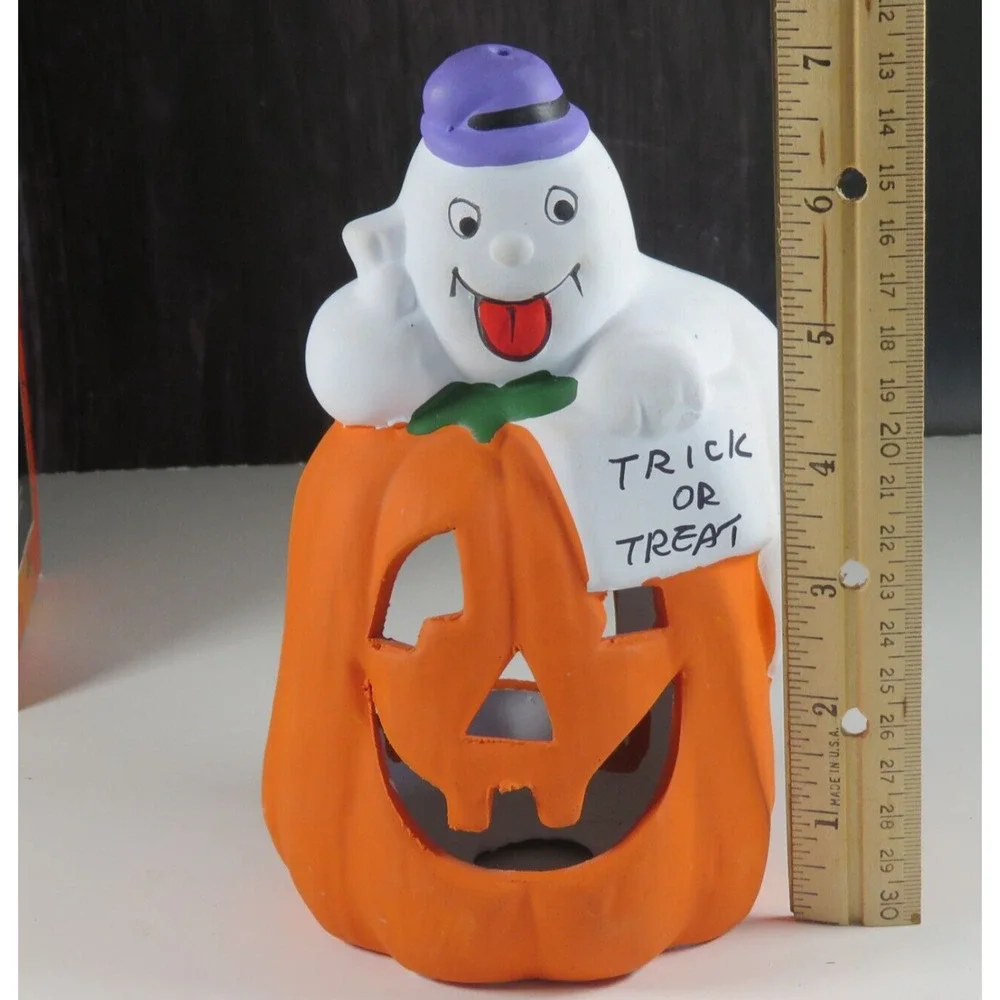 Ceramic Ghost Pumpkin Halloween Tea Light Candle Holder Statue 7” Kmart Vintage